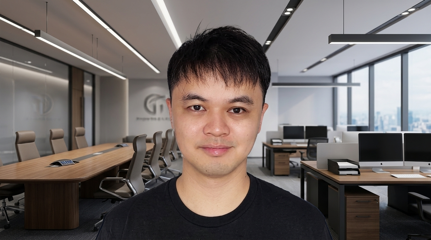 Young Asian man with short black hair wearing a black shirt, photographed against a blurred indoor background.